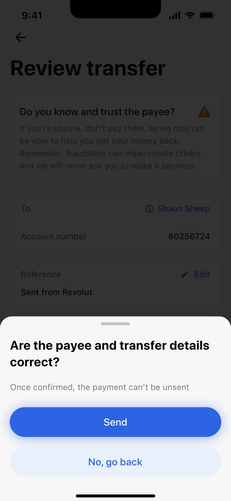 Are the payee and transfer details correct confirmation sheet.