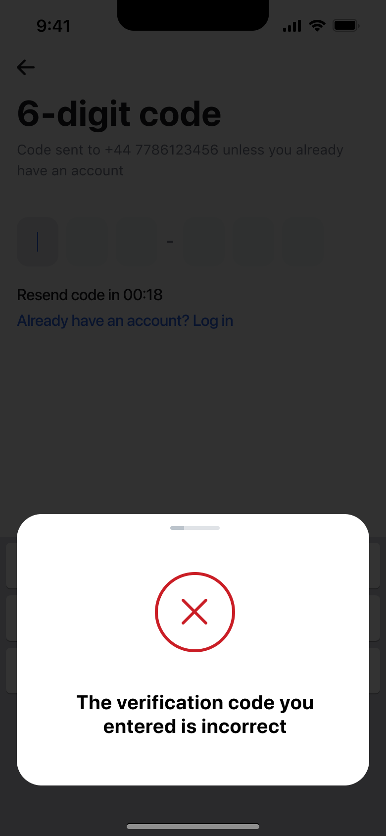 Verification code incorrect error card over code entry.