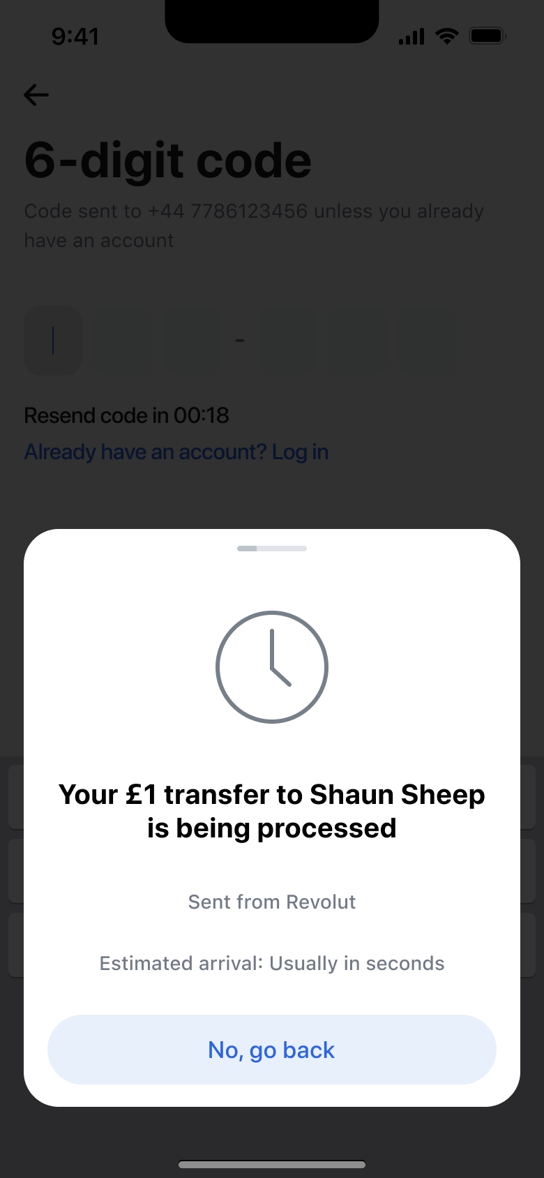 Transfer being processed card with go back option.