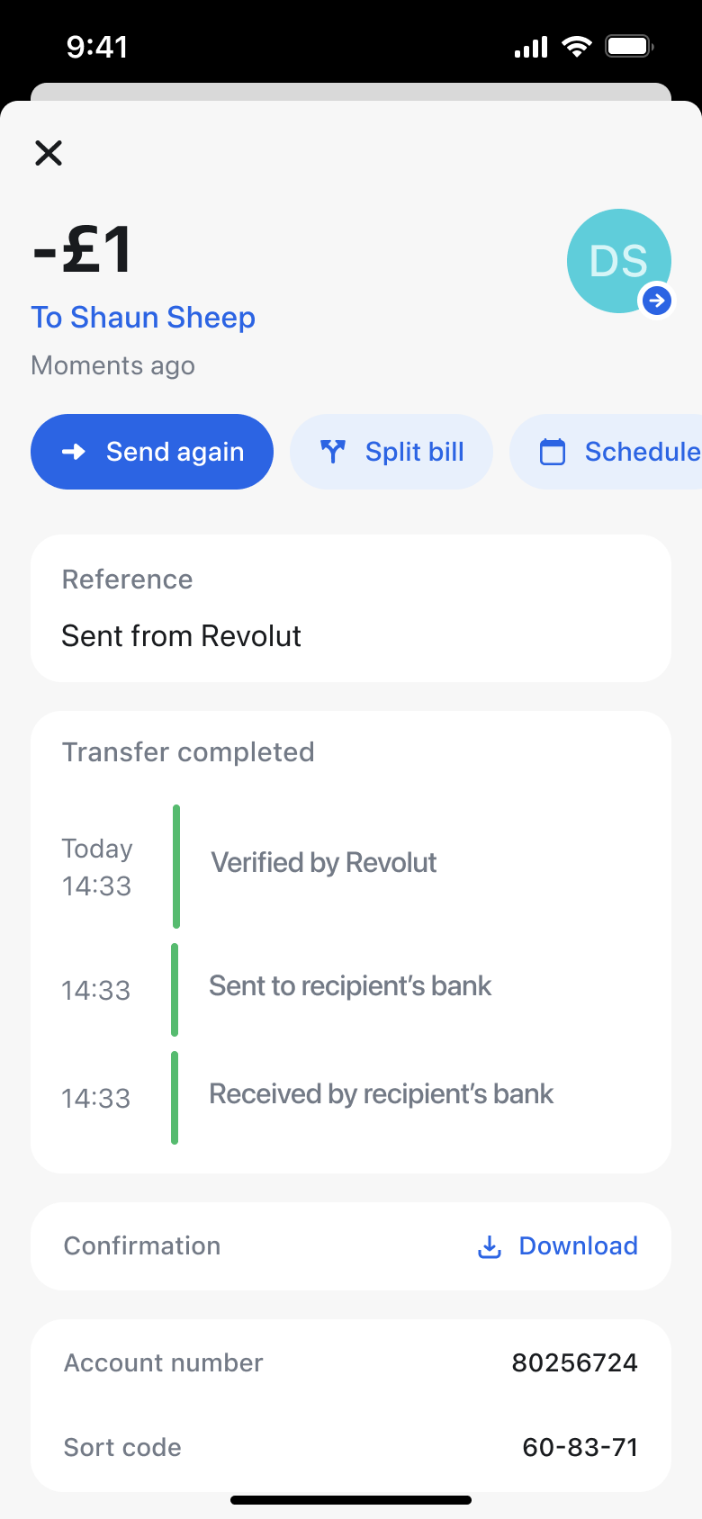Sent transfer detail: amount, send again, split bill, schedule and completed timeline.