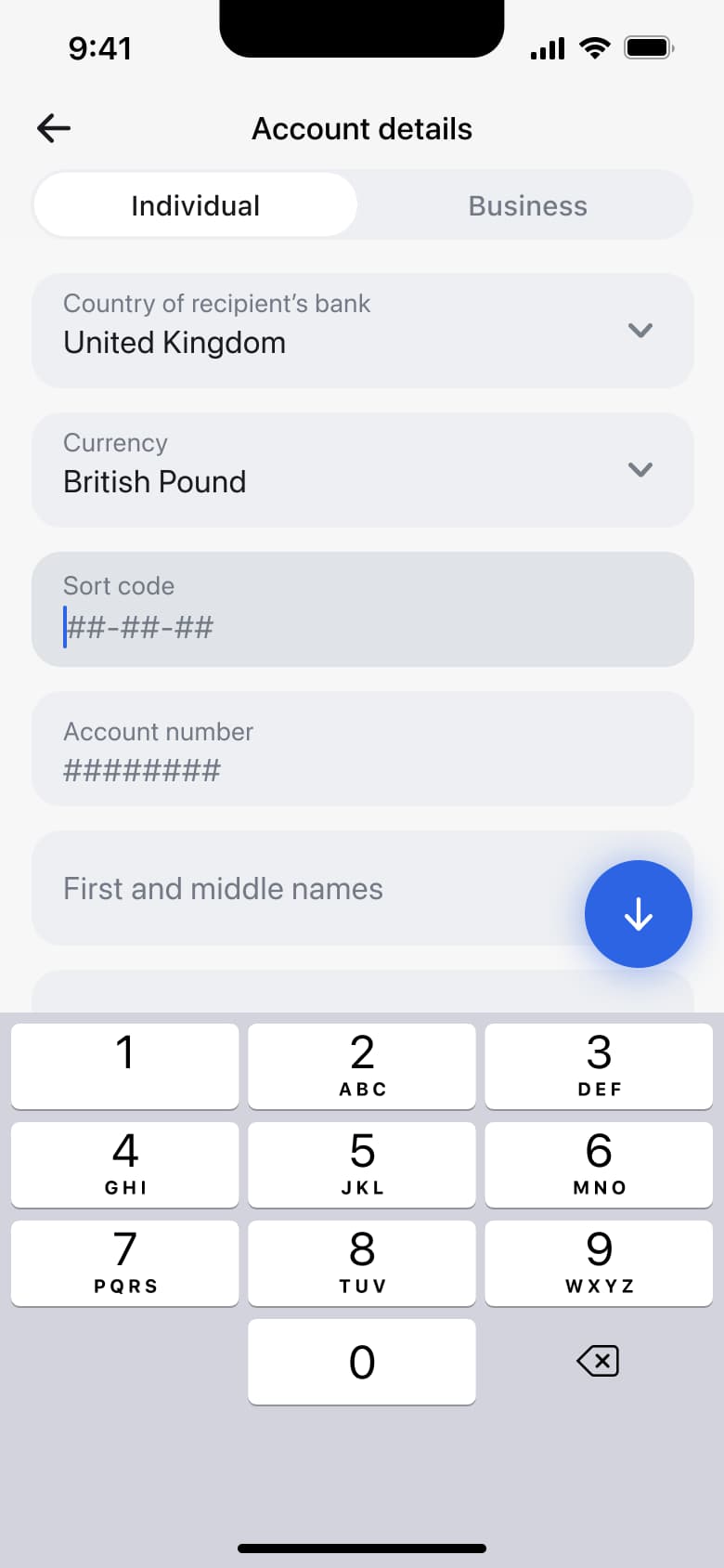 Recipient sort code field focused.