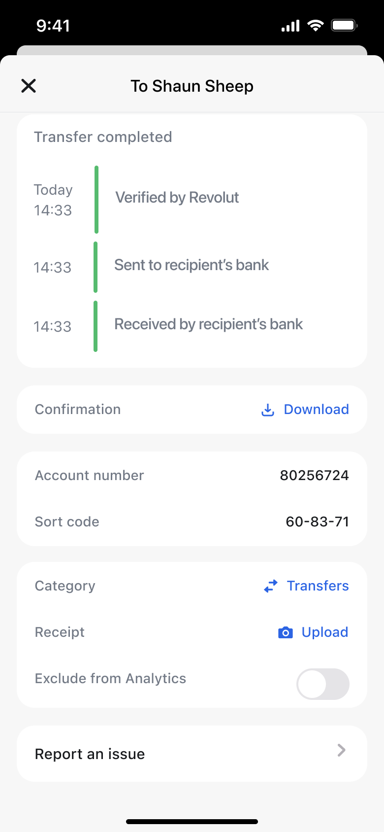 Transfer completed detail with confirmation download, category, receipt upload and report issue.