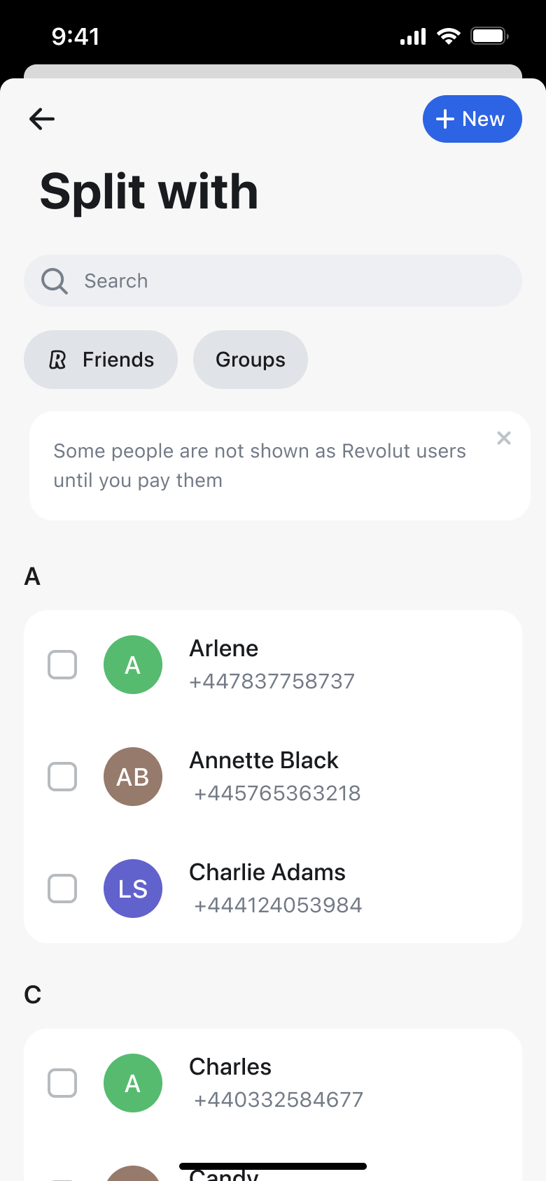 Split with: choose friends or groups from contacts.