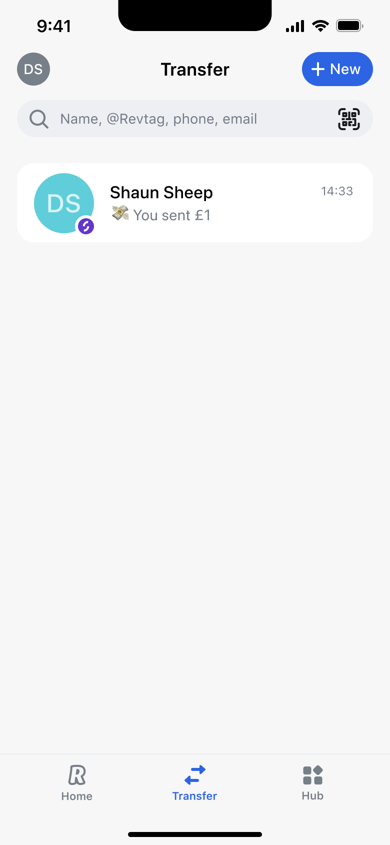 Transfer tab: recent payees with new button and search by name or tag.