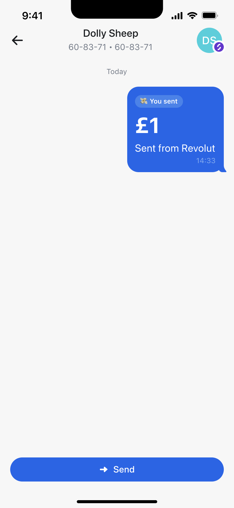 Payment conversation with a contact showing sent payment bubble and send button.