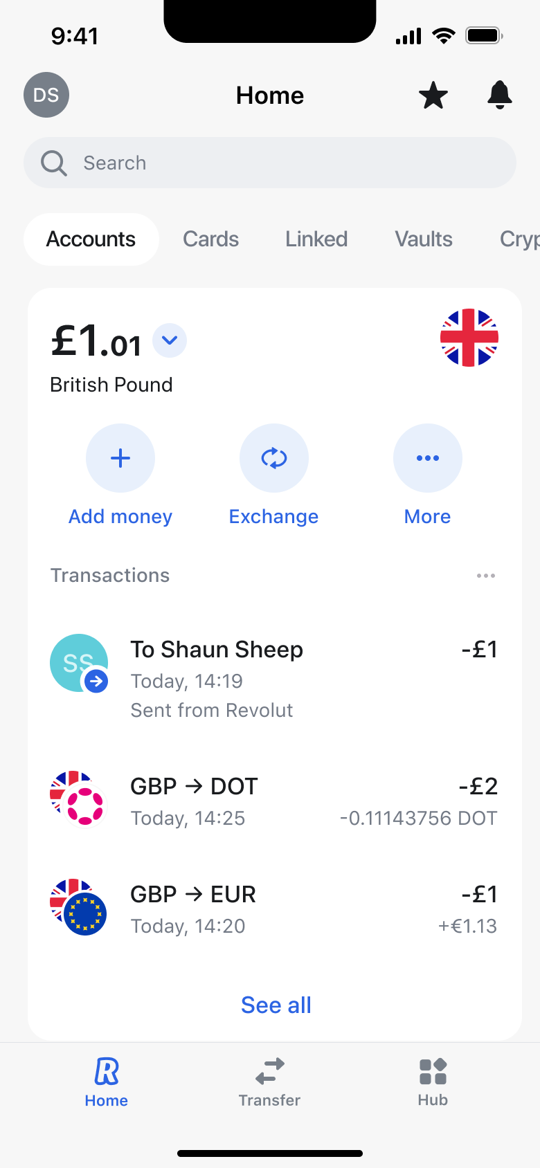 Home with balance and transactions including transfers and exchanges.