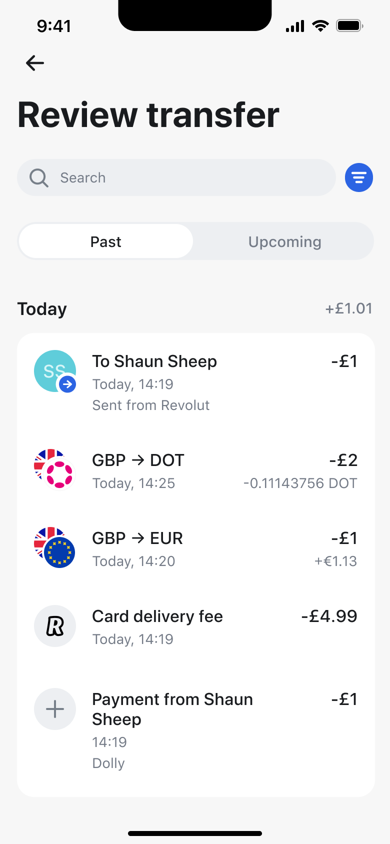 Transactions list with past and upcoming tabs and search.