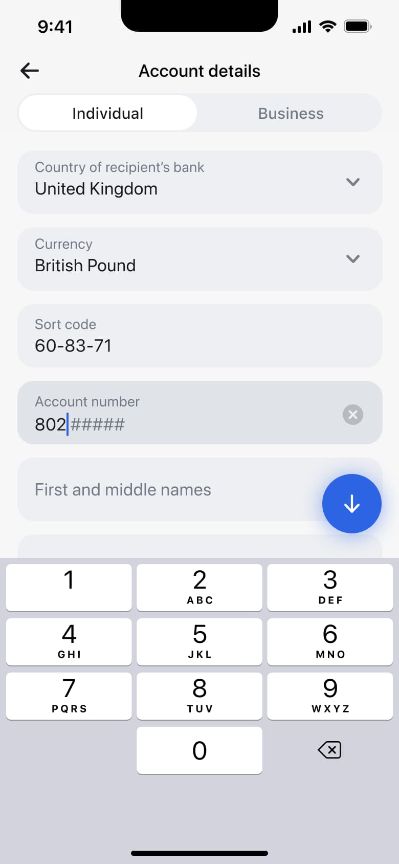 Recipient account number being typed.