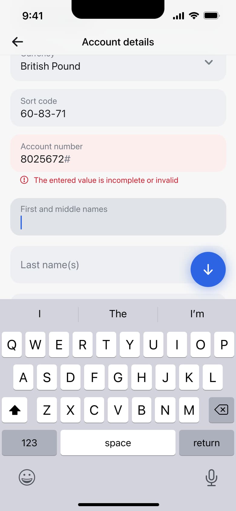 Recipient account number invalid error, name fields below.