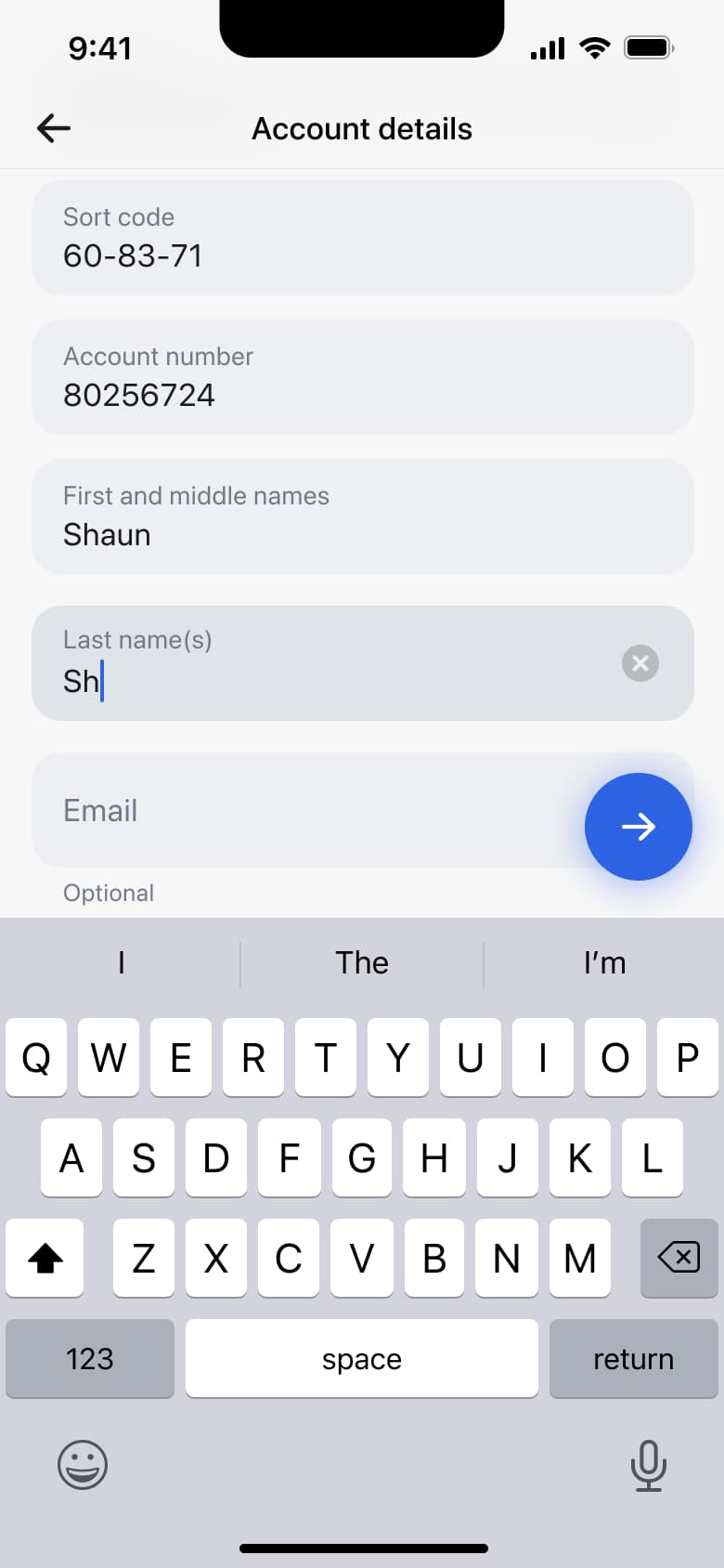 Recipient last name being typed.