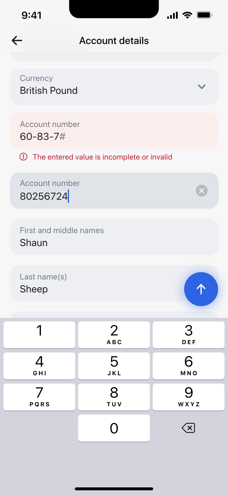 Recipient details with invalid sort code error.