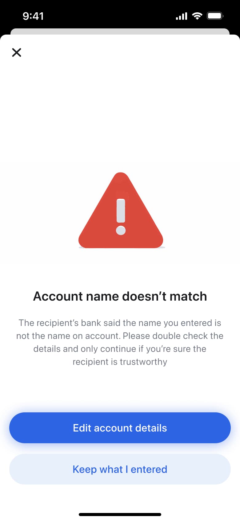 Account name doesn't match warning with edit details or keep what I entered.