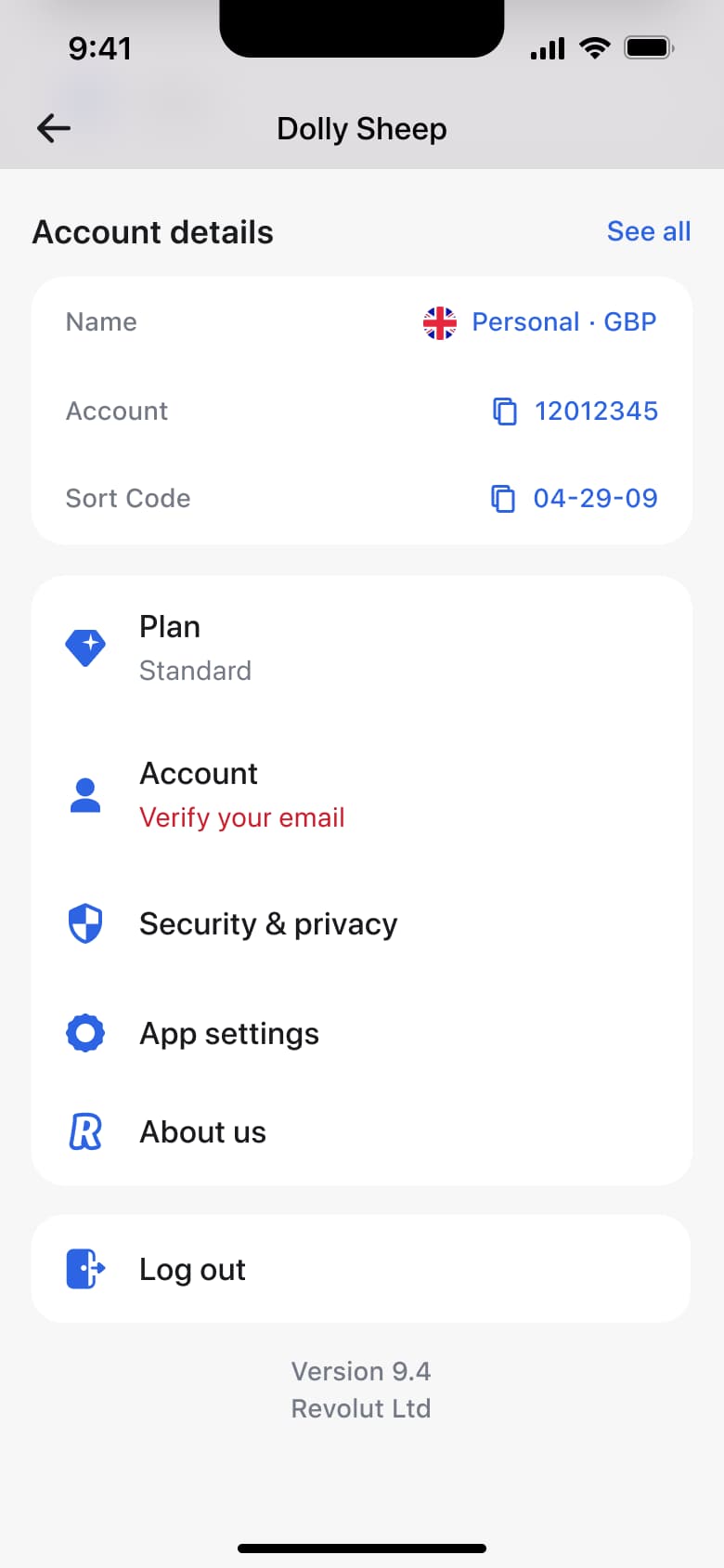 Profile settings: account details, plan, account, security, app settings, about and log out.