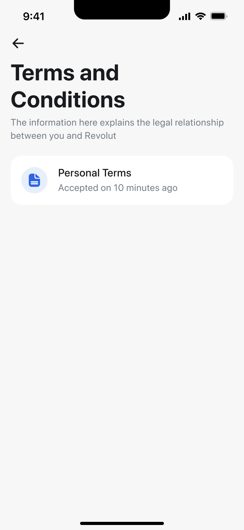Terms and conditions with accepted personal terms row.