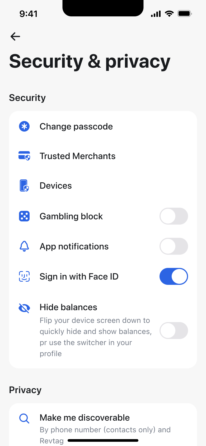Security and privacy: passcode, merchants, devices, toggles for gambling block and biometrics.