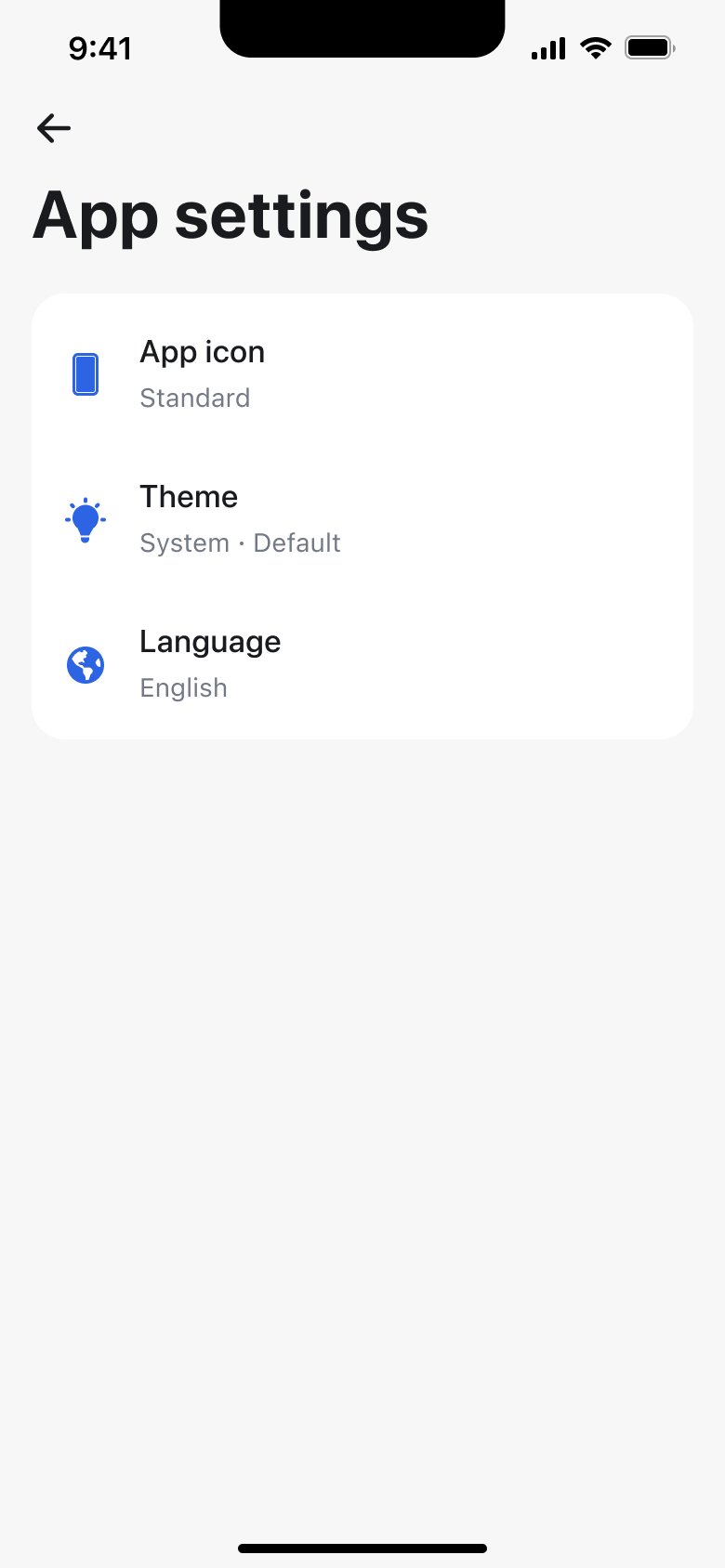 App settings: app icon, theme and language.
