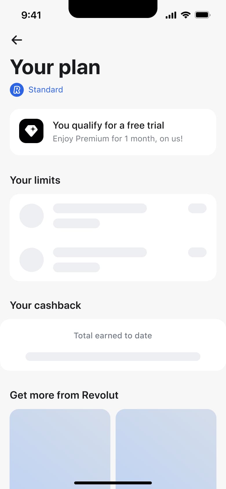 Your plan page loading with skeleton limits and cashback sections.