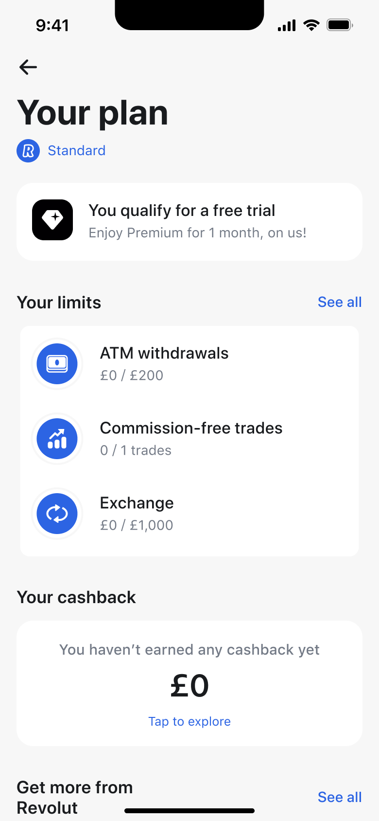 Your plan: free trial offer, limits for withdrawals, trades and exchange, and cashback.