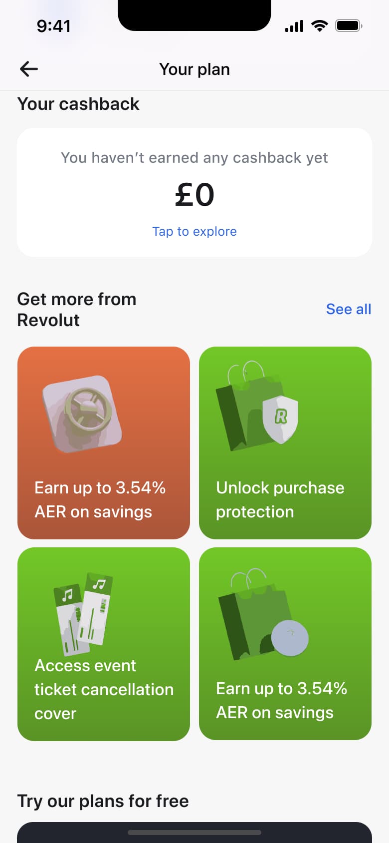 Your plan scrolled: cashback total and get more tiles for savings and protection.