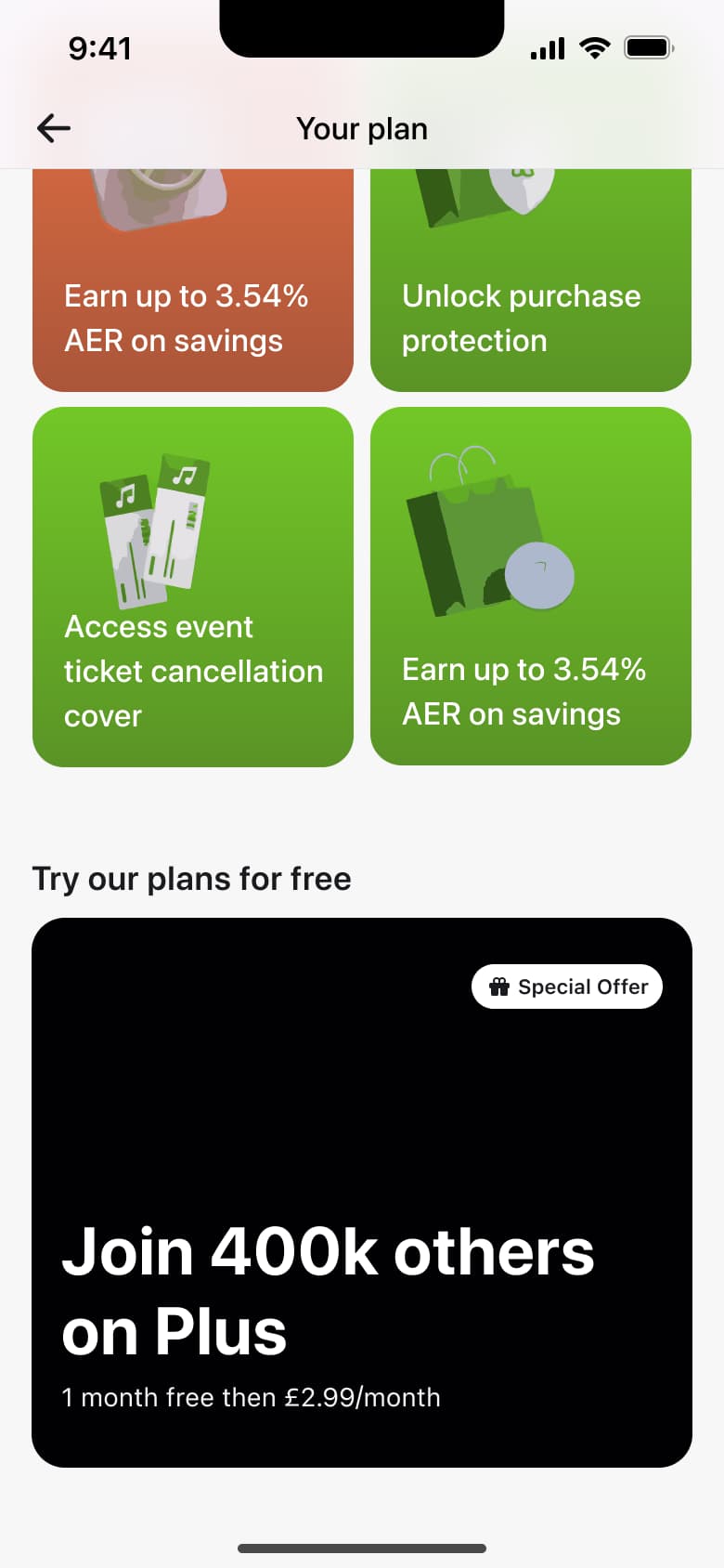 Your plan scrolled to plan upgrade promo card.