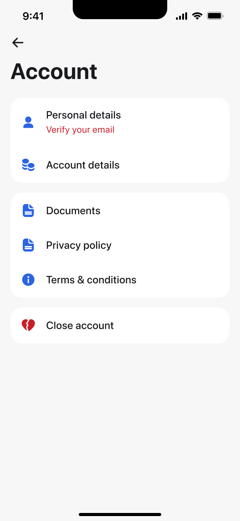 Account menu: personal details, account details, documents, privacy, terms and close account.