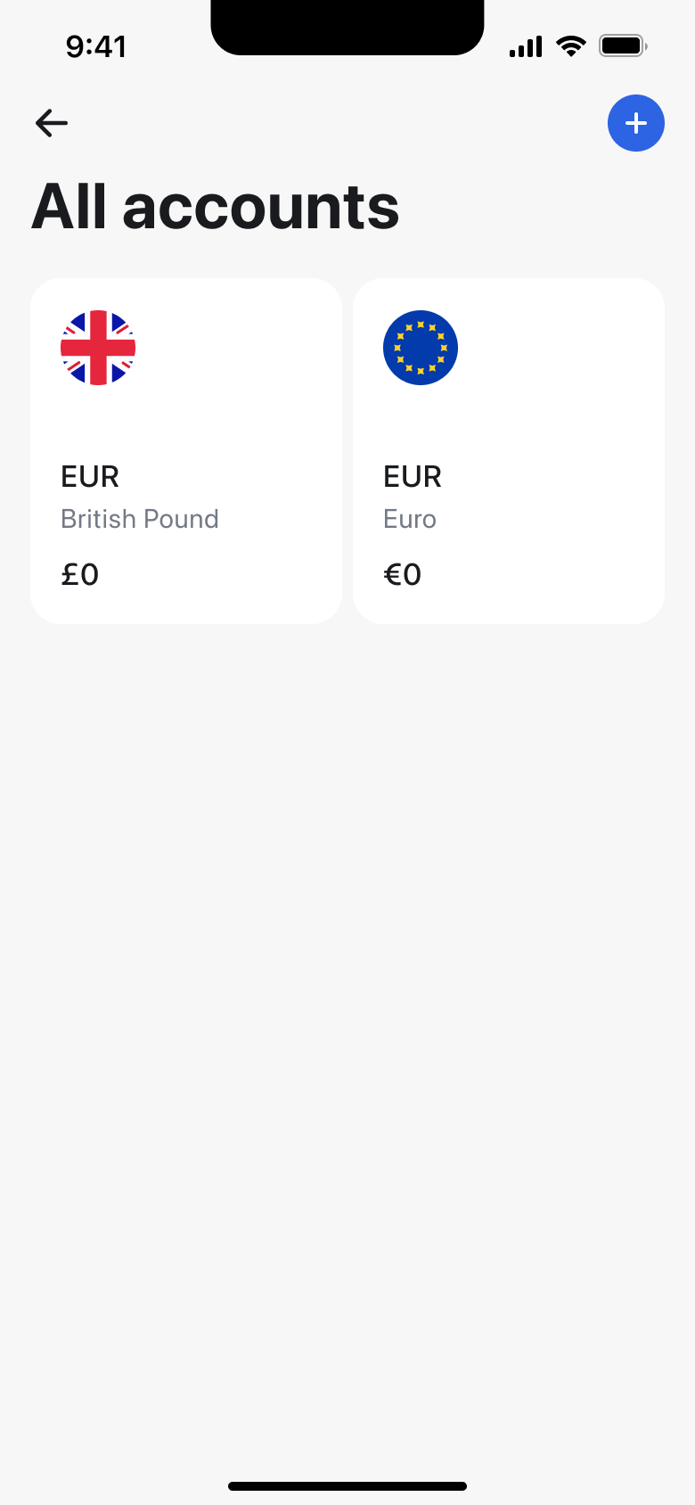 All accounts grid with pound and euro account cards.