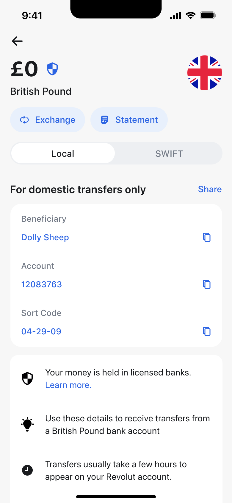 Pound account details for domestic transfers with copy buttons and safety notes.