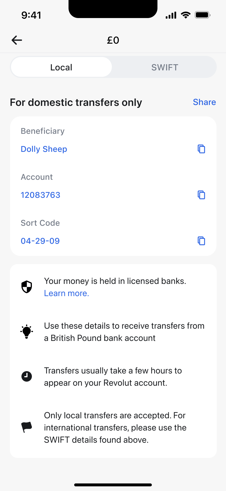 Account details scrolled, local transfer info notes.