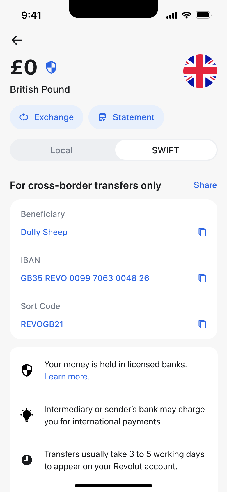 Account details SWIFT tab for cross-border transfers with IBAN and generate button.