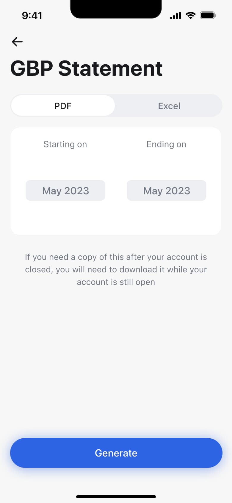 Account statement: PDF or spreadsheet with start and end months and generate button.