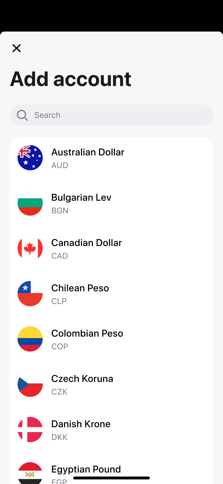 Add account: searchable list of currencies with flags.