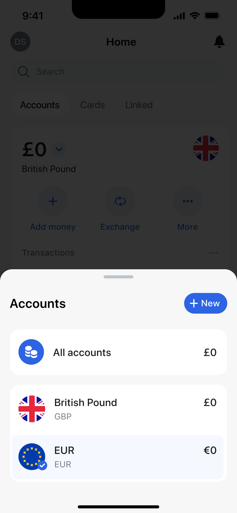 Accounts sheet now listing all accounts, pound and euro accounts.