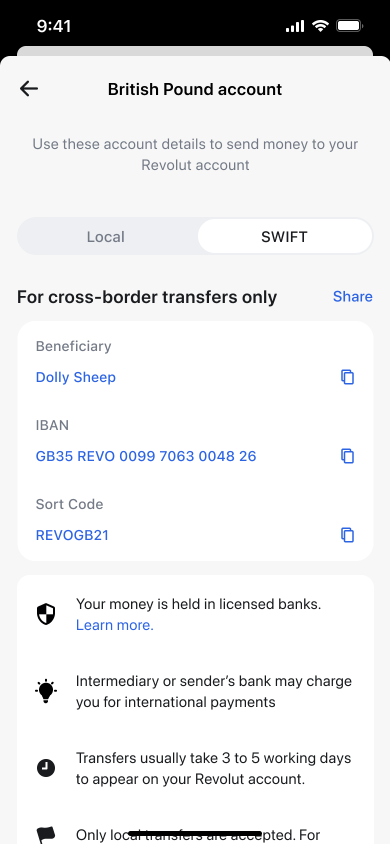 Account details SWIFT tab for cross-border transfers.