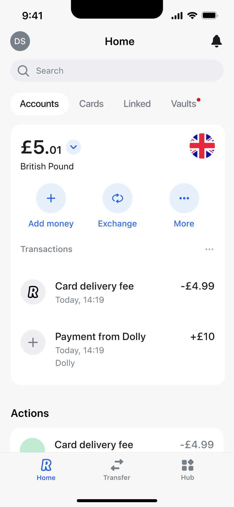 Home with balance and recent transactions after topping up.