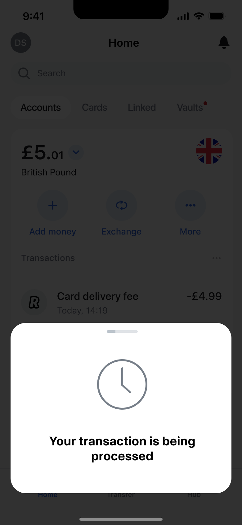 Your transaction is being processed card over home.
