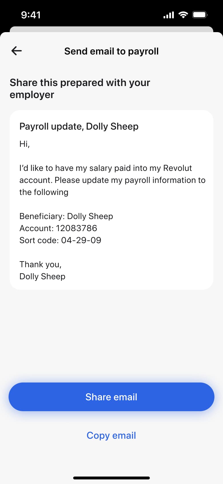 Send email to payroll: prepared salary redirect email with share and copy options.