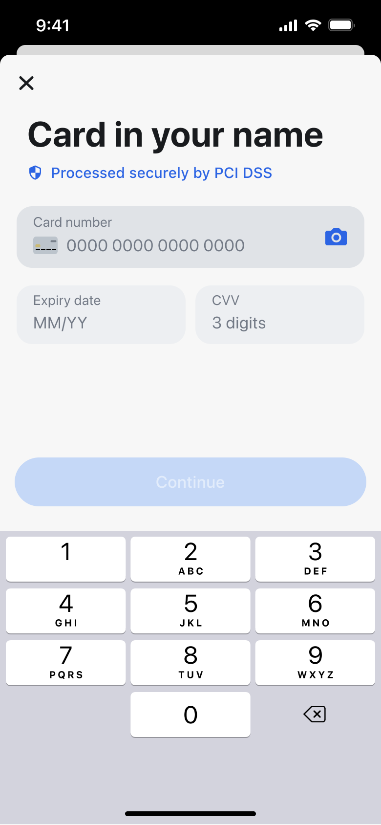 Card in your name: card number, expiry and CVV fields with keypad.