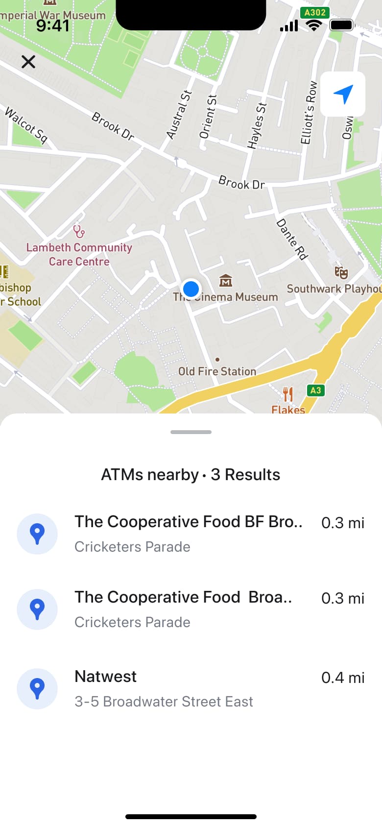 ATM map nearby with three results in a sheet.
