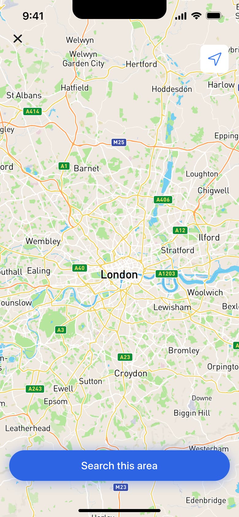 Zoomed-out ATM map with search this area button.