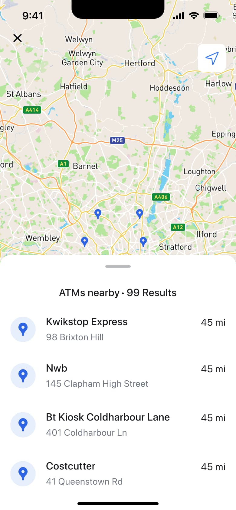ATM map with 99 results in a half sheet.
