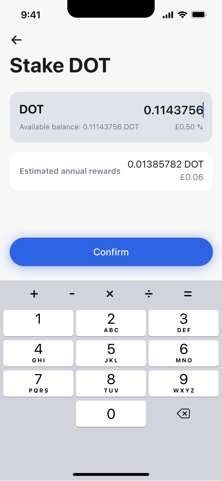 Stake amount entered, confirm enabled.