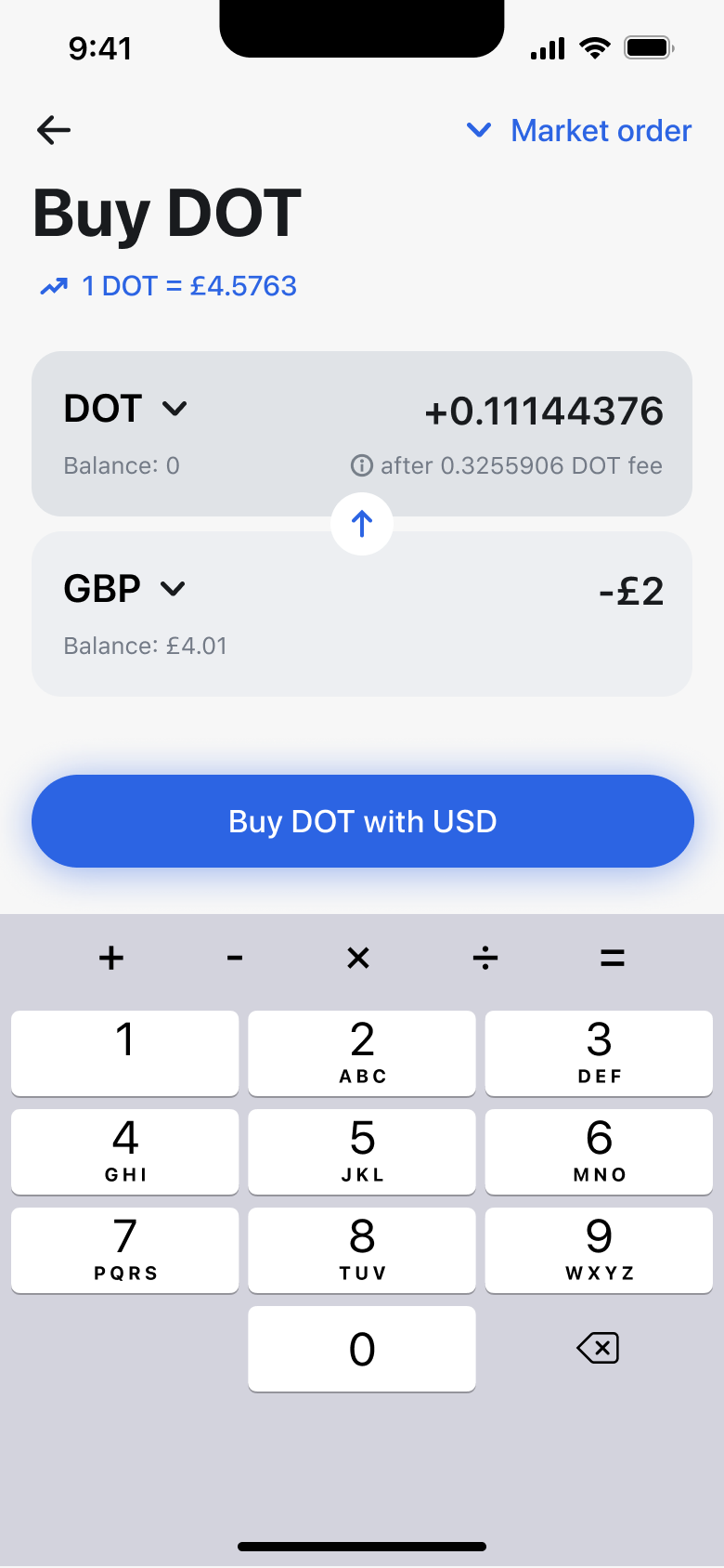 Buy crypto amount entered with buy button.