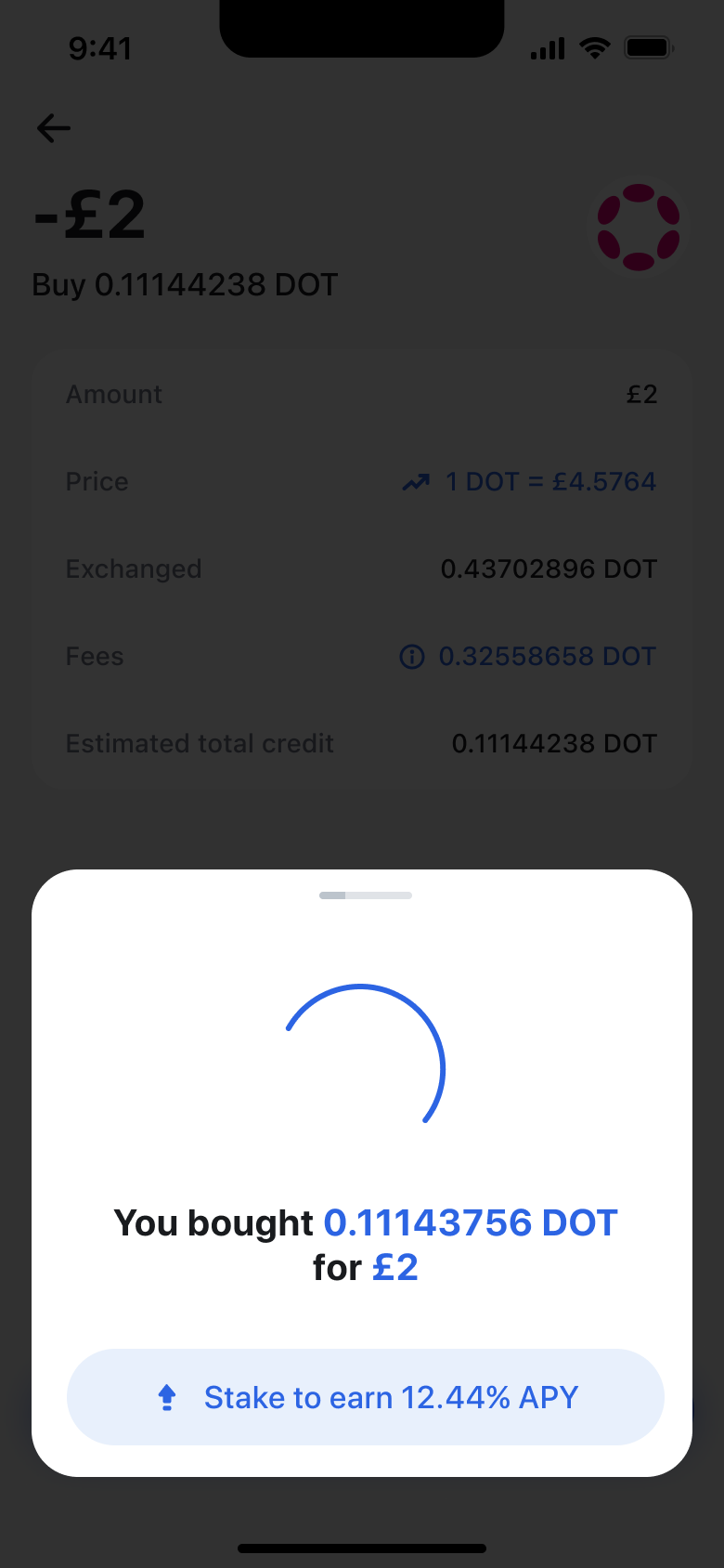Purchase processing card with stake to earn button.