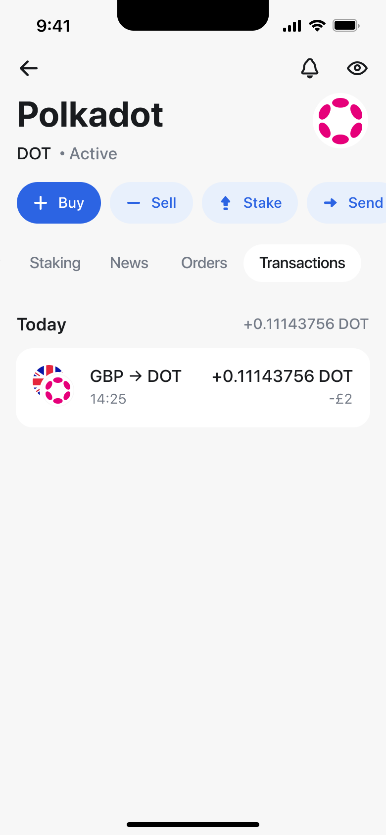 Crypto asset transactions tab with the new purchase.