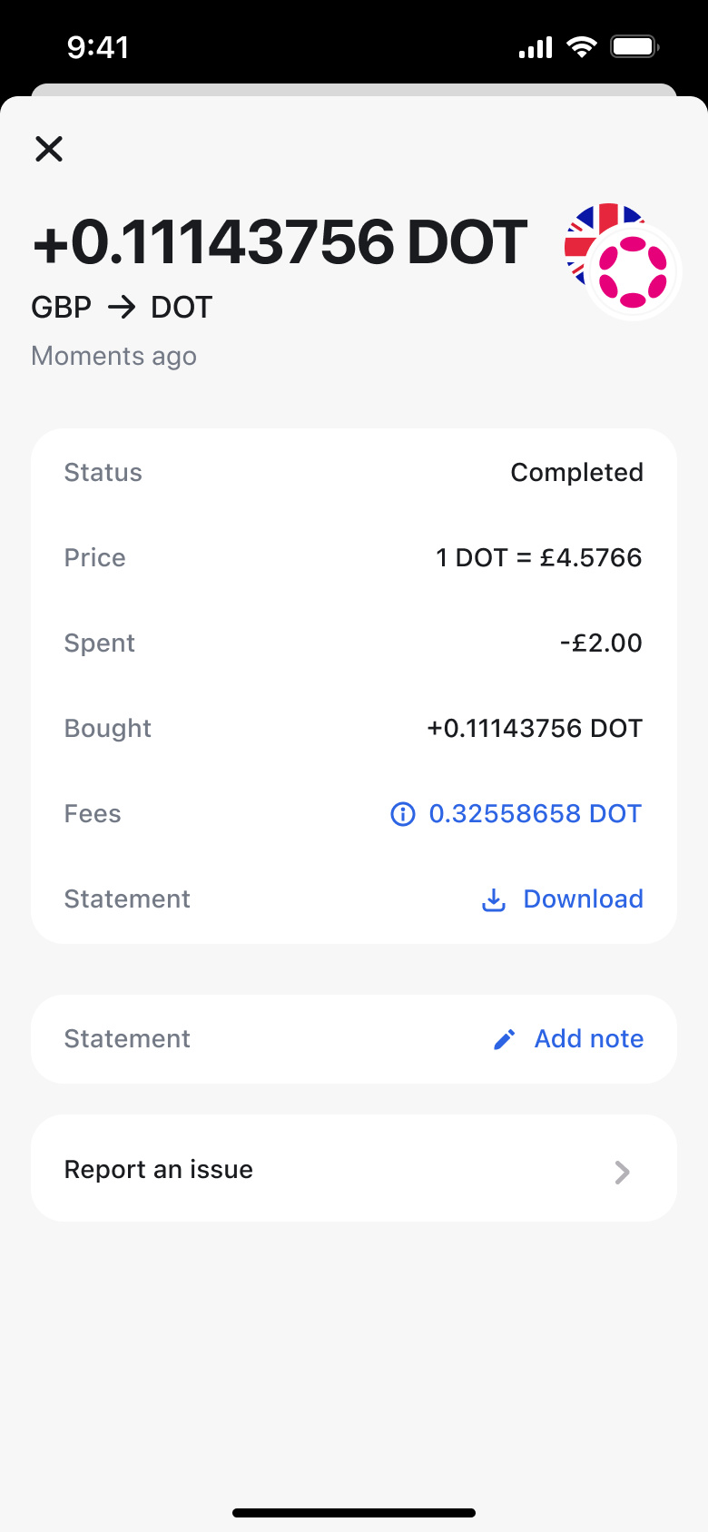 Crypto purchase detail: status, price, spent, bought, fees, statement and add note.