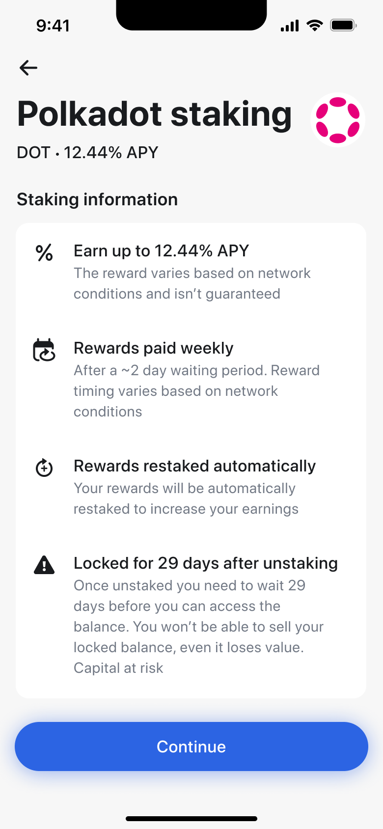 Staking information details with continue button.