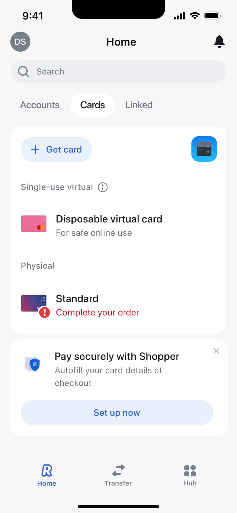 Cards tab with get card, disposable virtual card, ordered physical card and autofill promo.