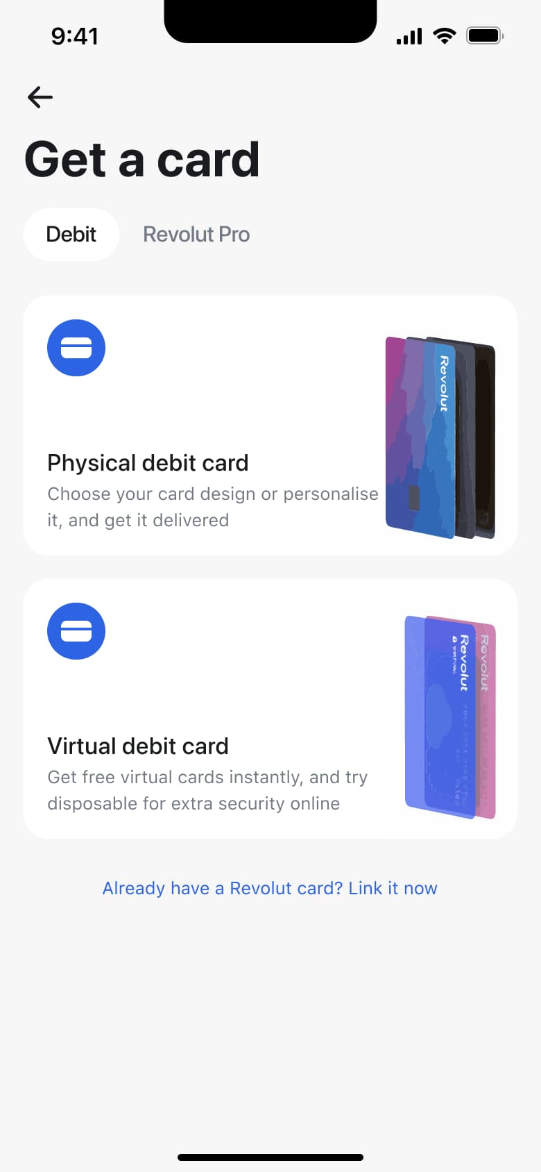 Get a card: physical or virtual debit card options with link existing card.