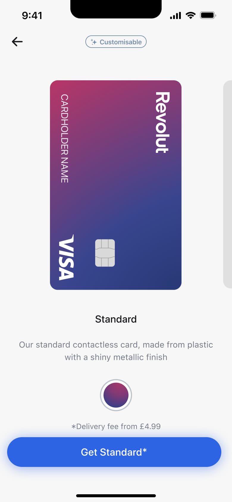 Card design picker: standard card with colour swatches and get card button.