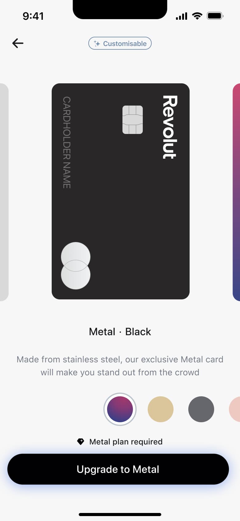 Metal card design requiring a premium plan, upgrade button.